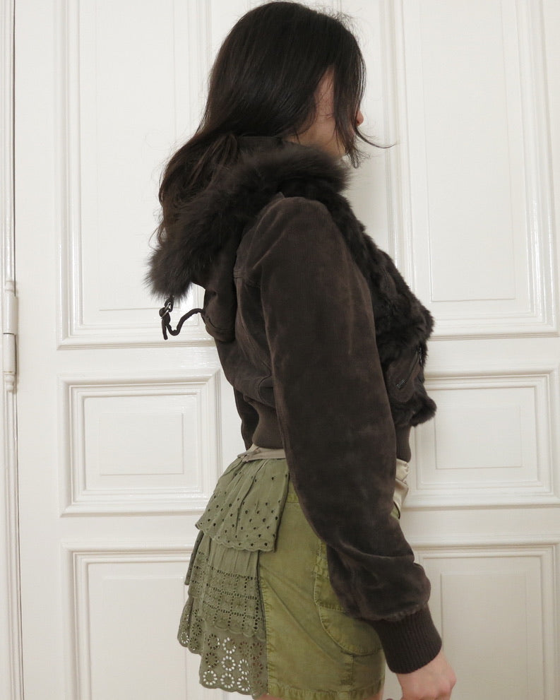 Padded suede jacket with fur