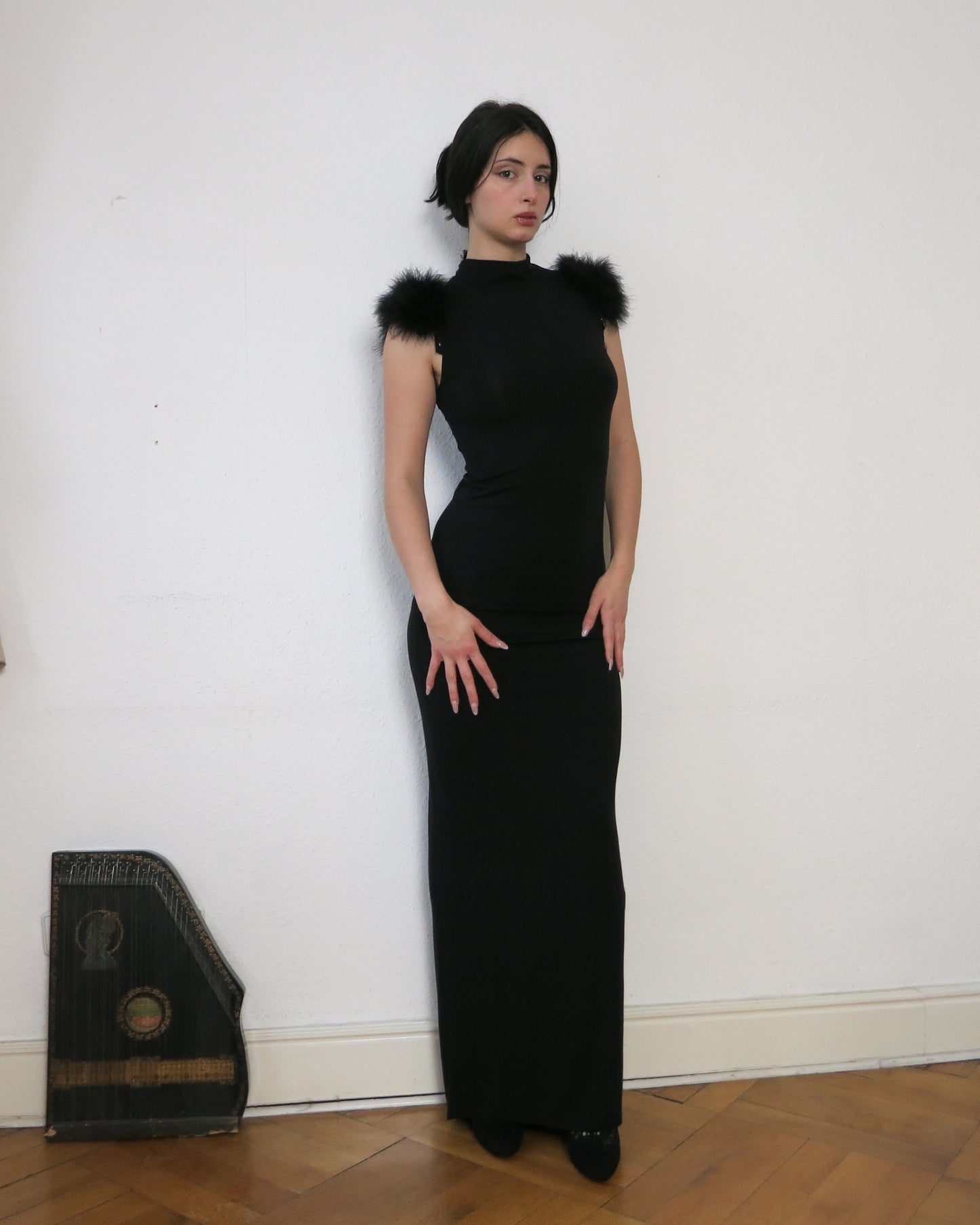 Bodycon jersey long dress with feathers
