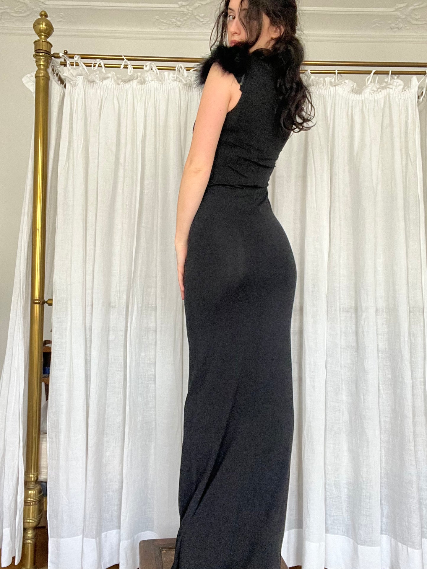 Bodycon jersey long dress with feathers
