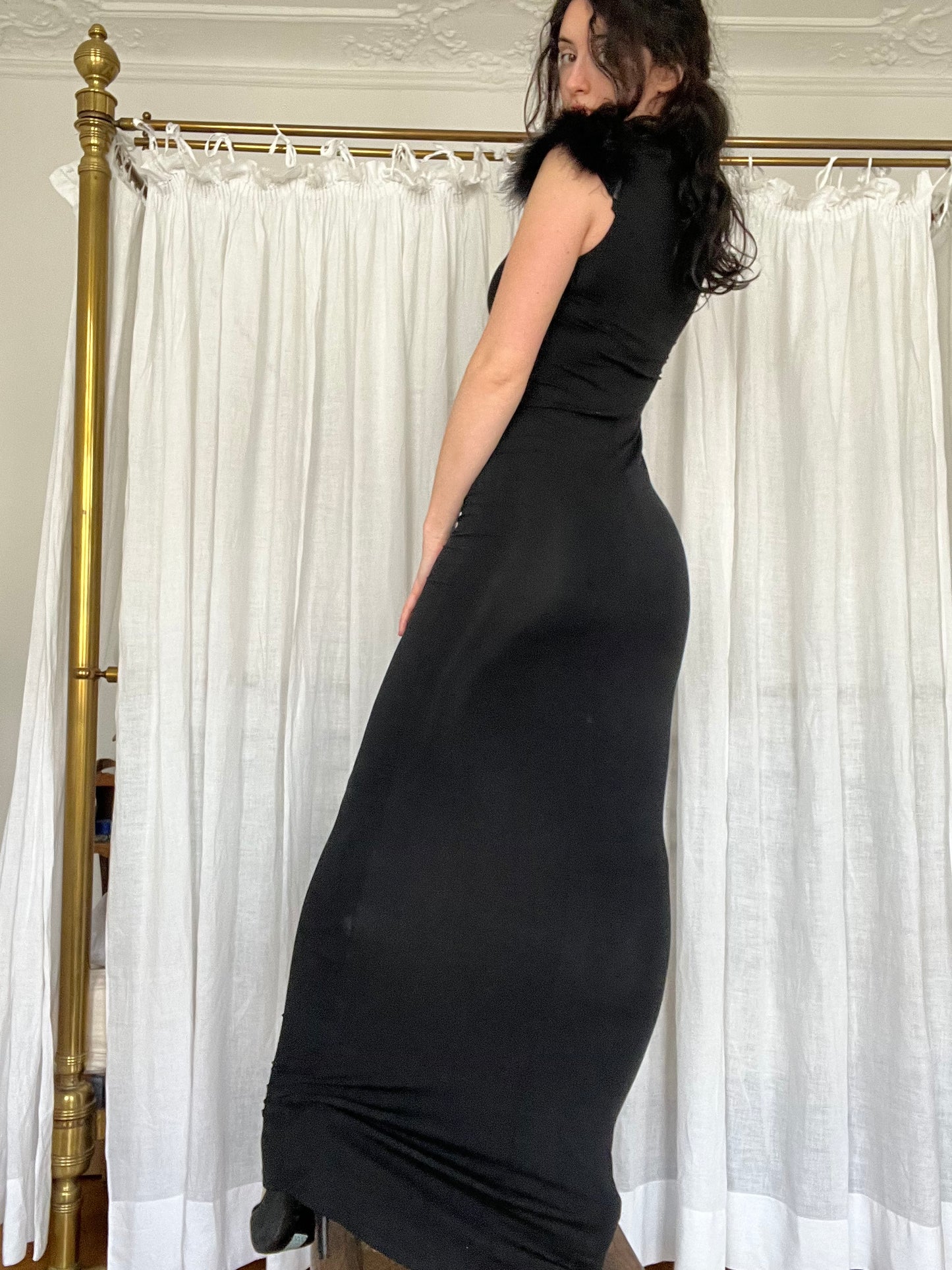 Bodycon jersey long dress with feathers