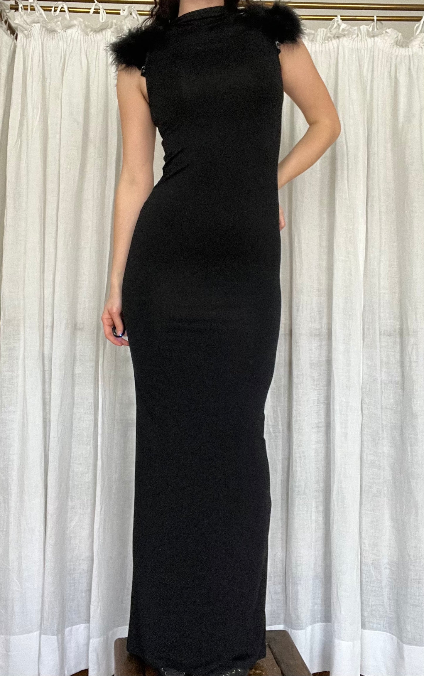 Bodycon jersey long dress with feathers