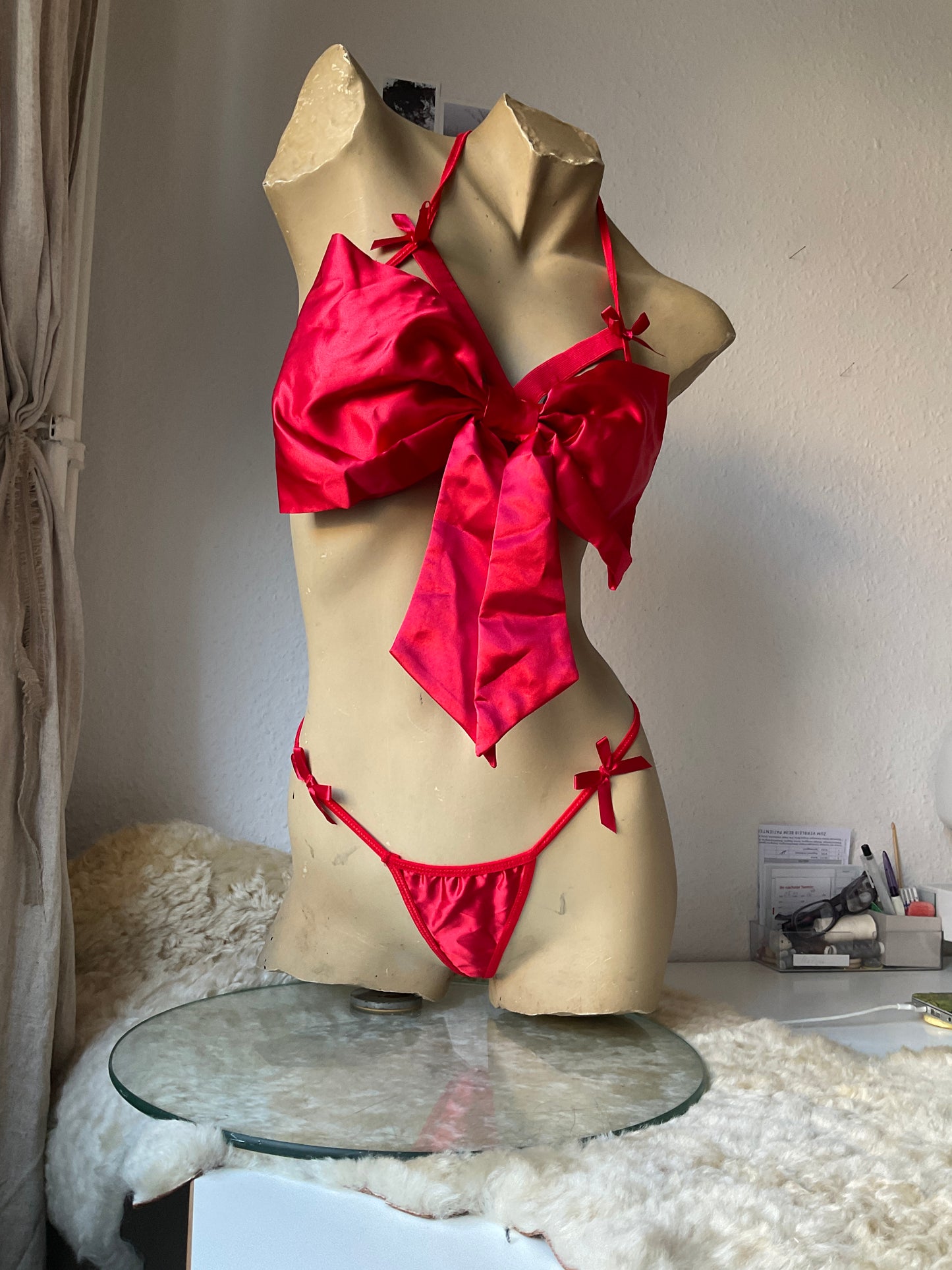 Satin bow bra set