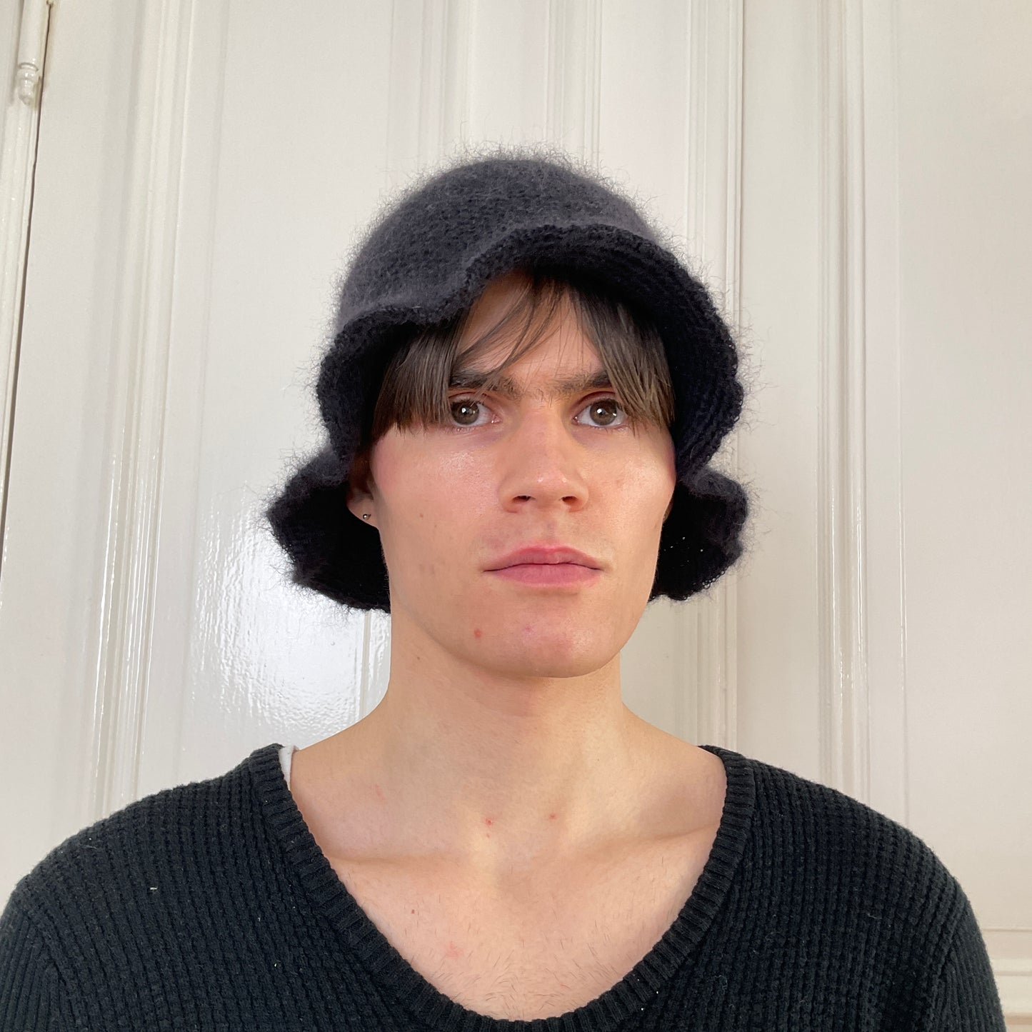 Natascha Domino ~ mohair blend crochet bucket hat in black