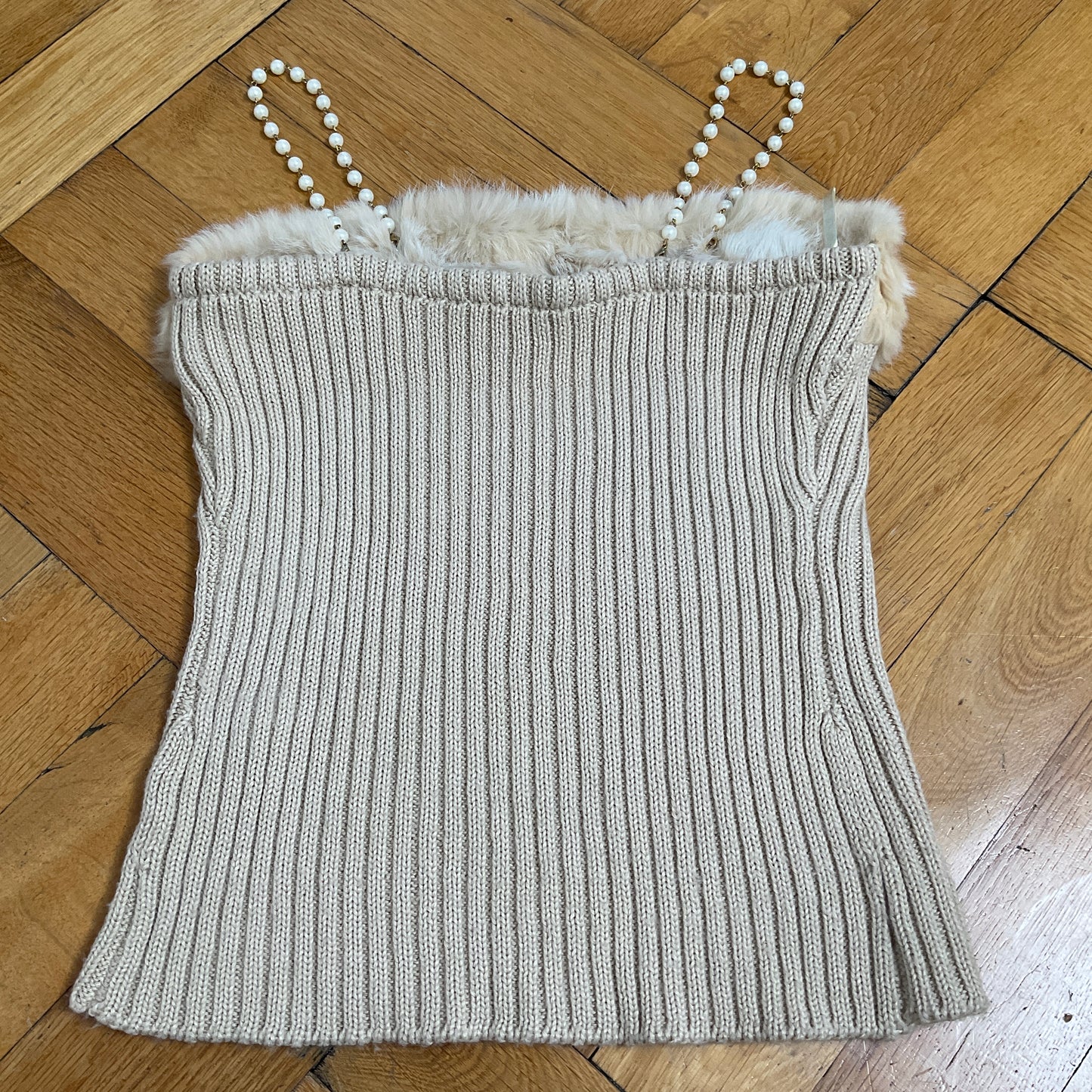Knit corset top with fur trim