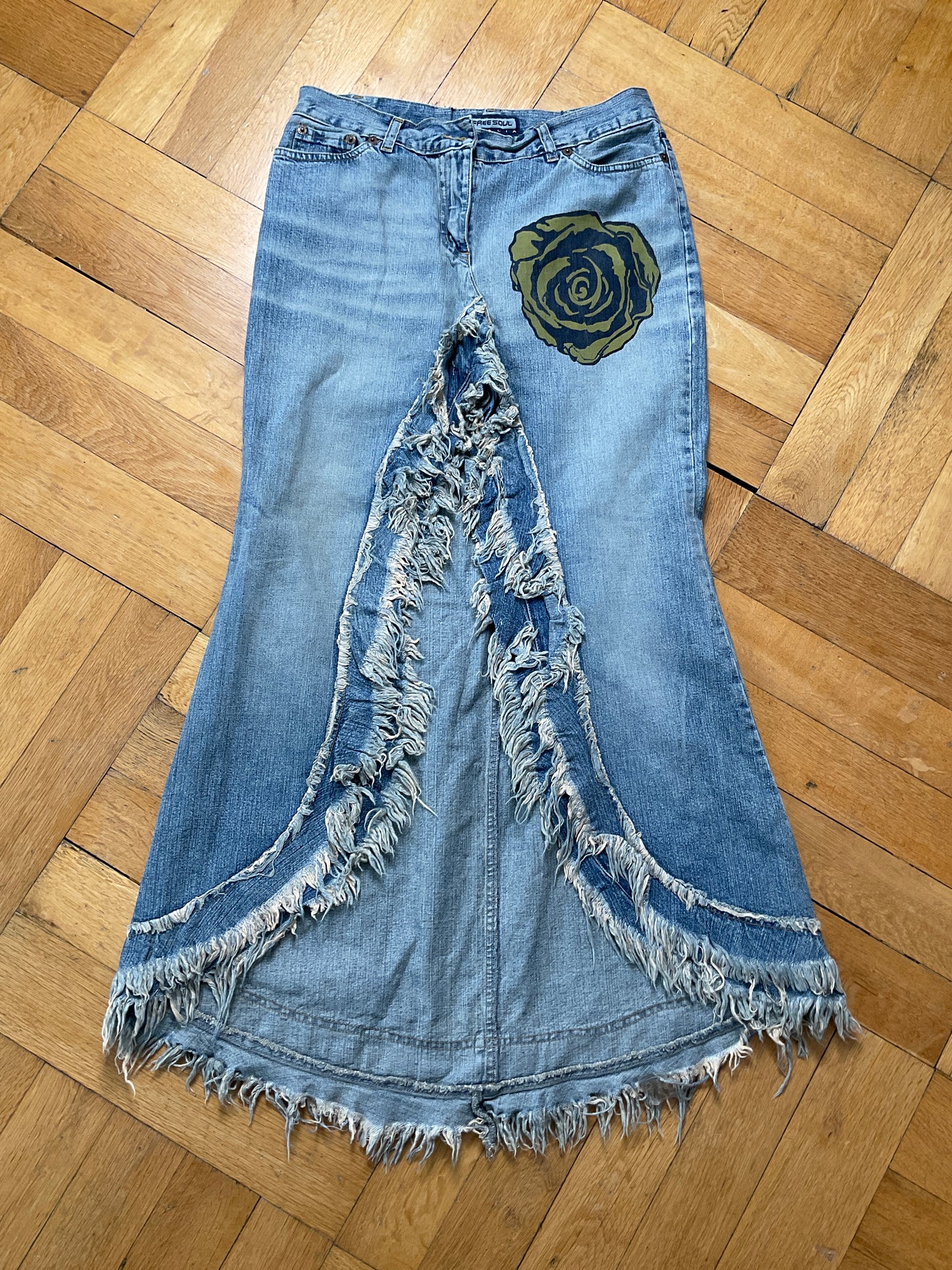Distressed denim maxi skirt