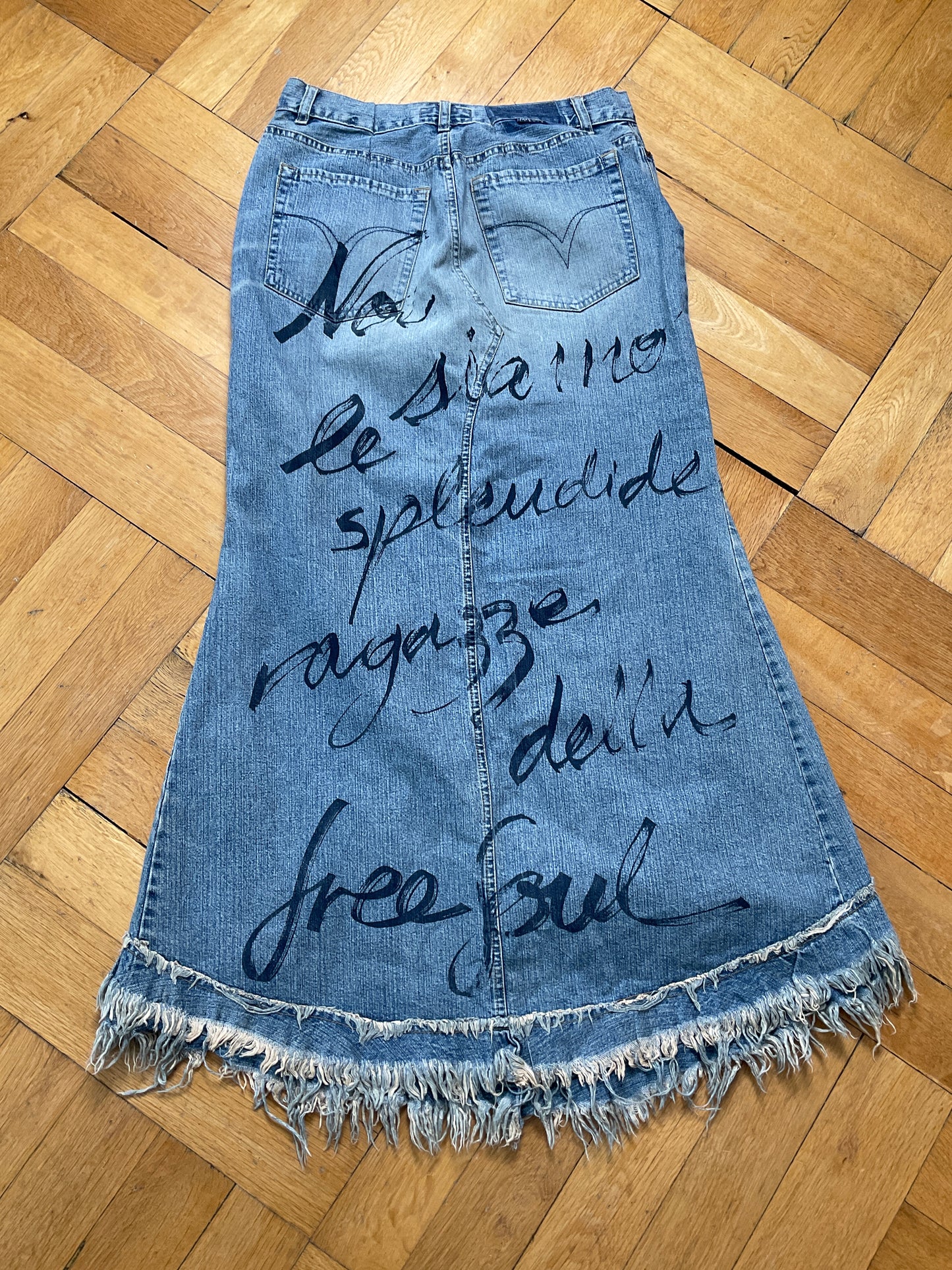 Distressed denim maxi skirt