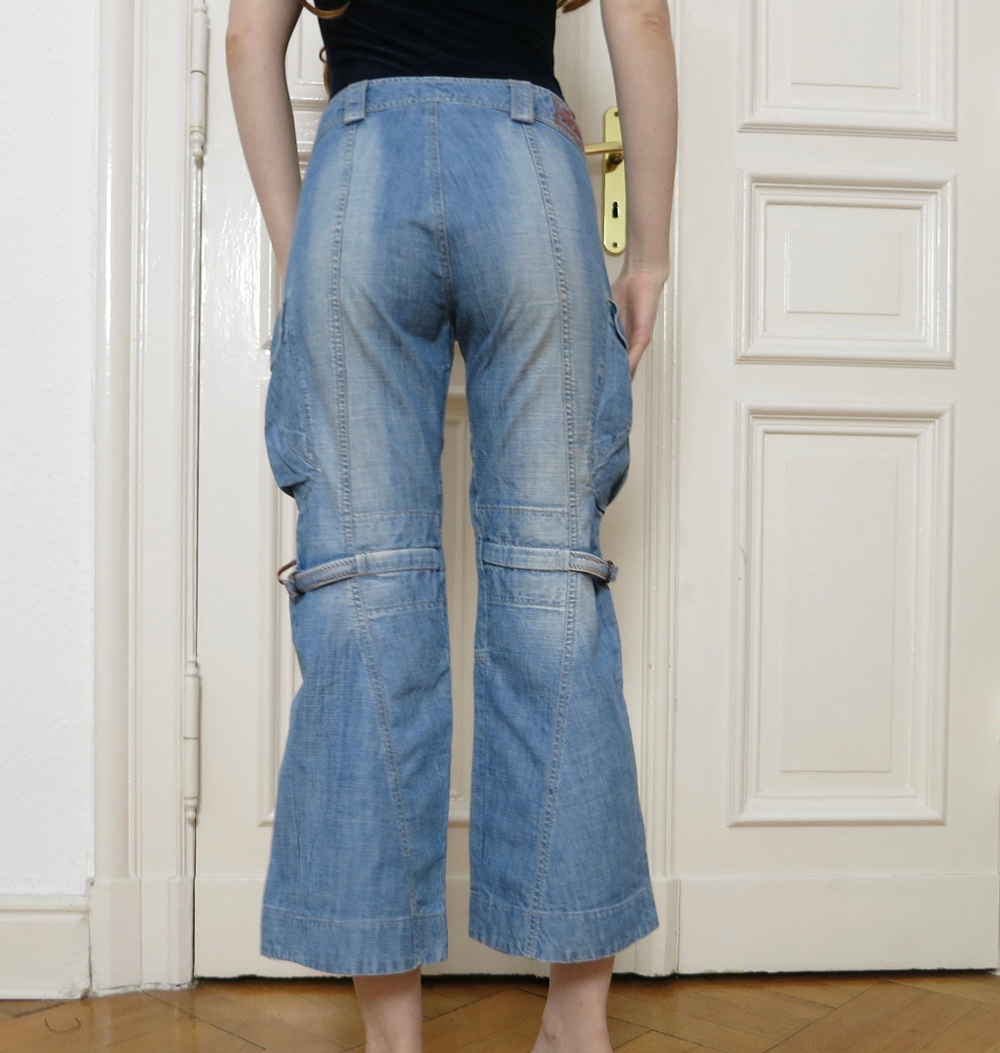 Denim capri cargos with gatherings