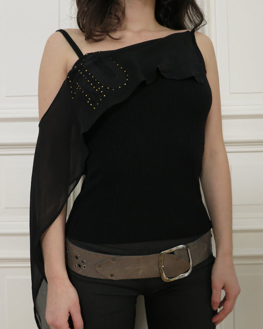 Asymmetrical ribbed top with silk scarf