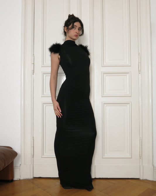 Black evening gown with feathers
