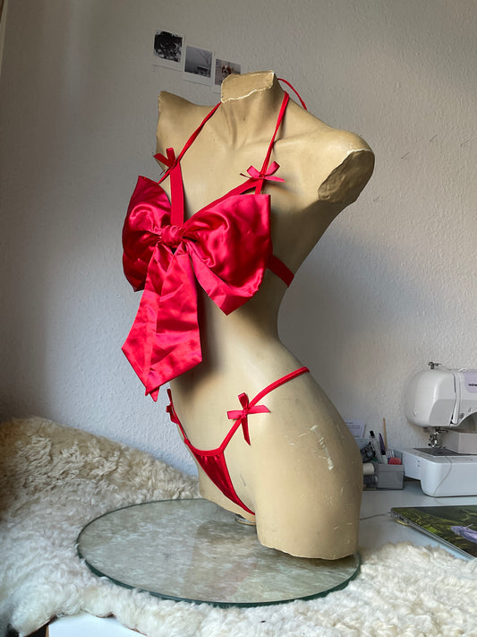 Satin bow bra set