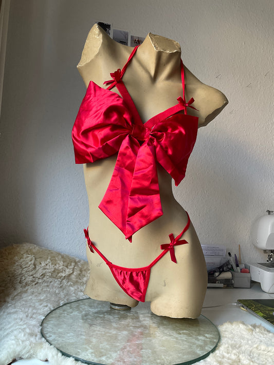 Satin bow bra set