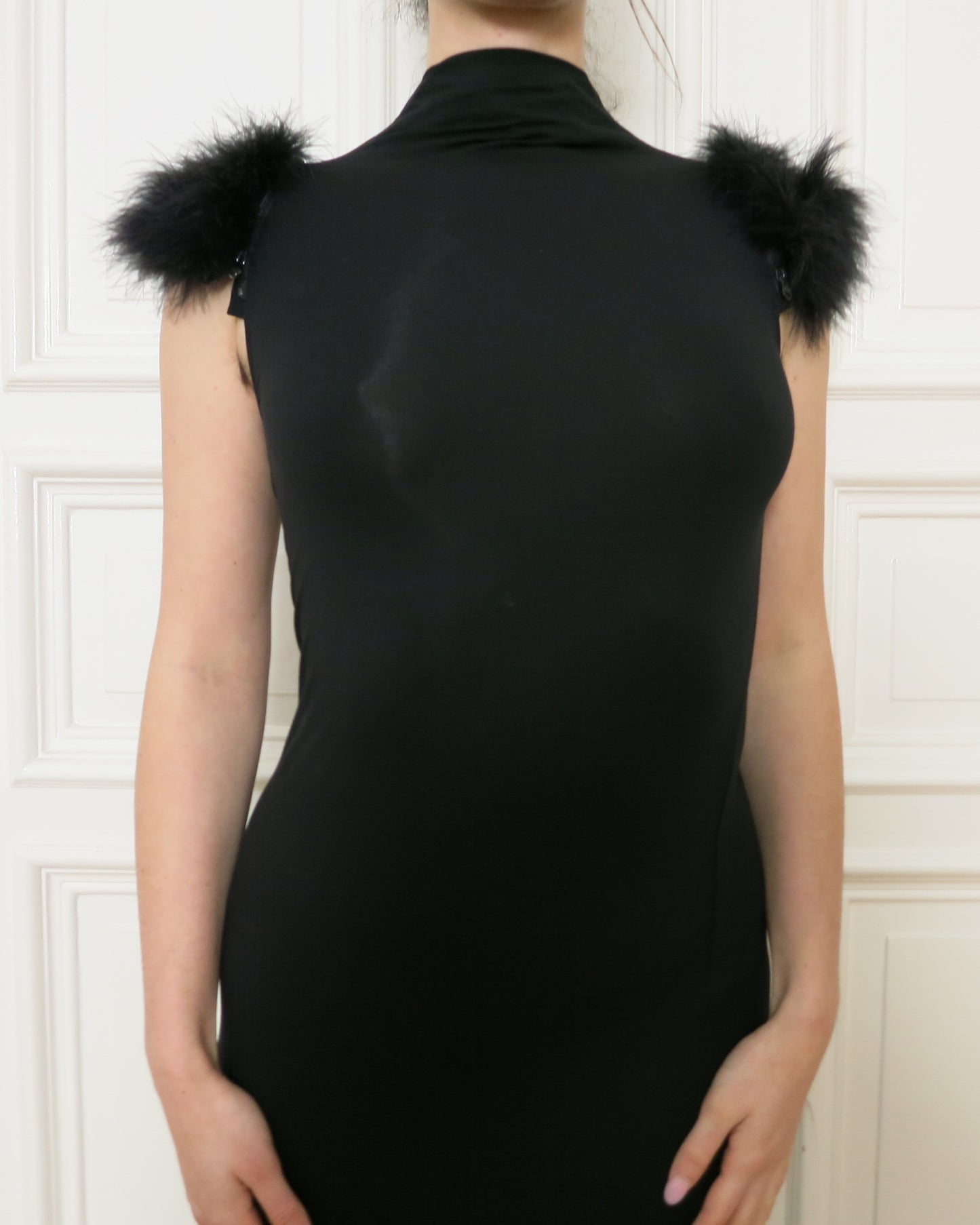 Black evening gown with feathers