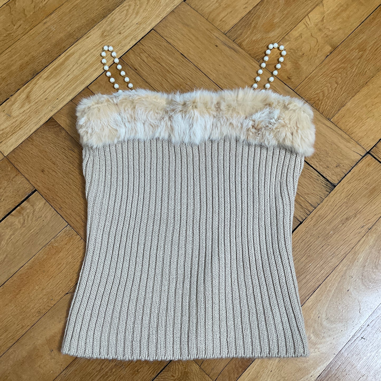 Knit corset top with fur trim