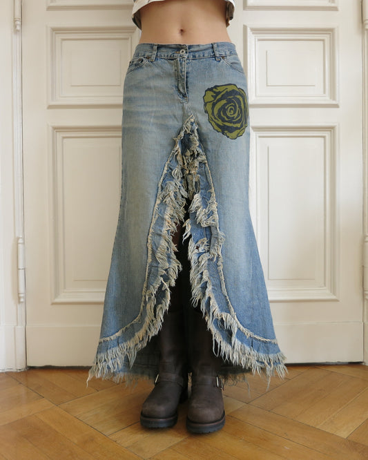 Distressed denim maxi skirt