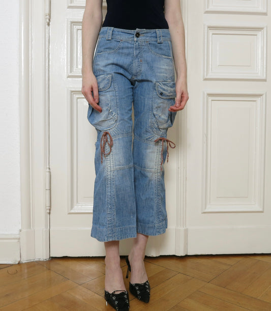 Denim capri cargos with gatherings