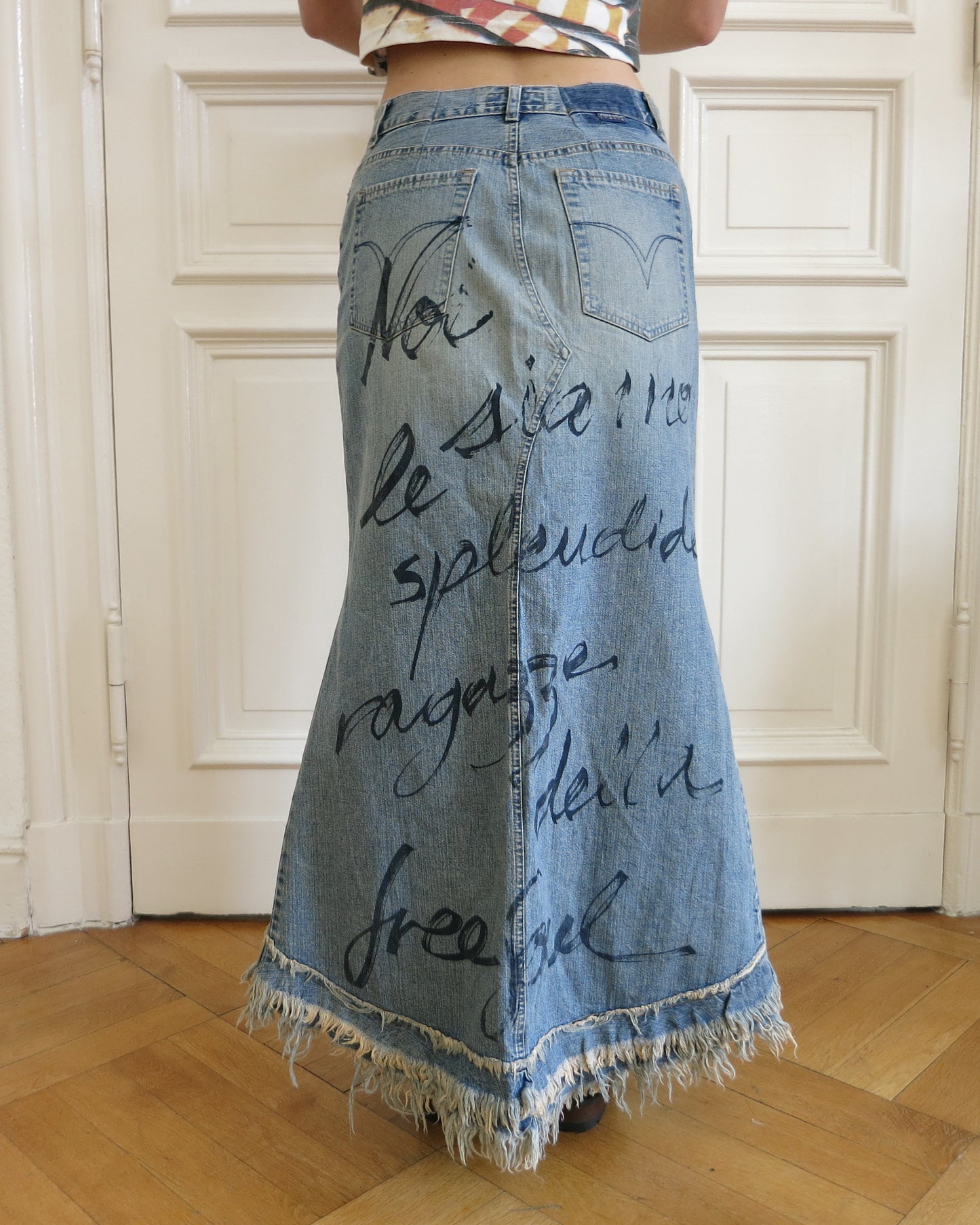 Distressed denim maxi skirt